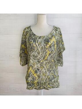 NWT Jennie & Marlis - Yellow & gray paisley lace blouson top, XL